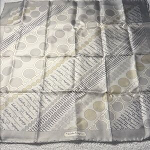 Salvatore Ferragamo Silk Scarf 18in Script Logo Dot Geometric Gray Italy
